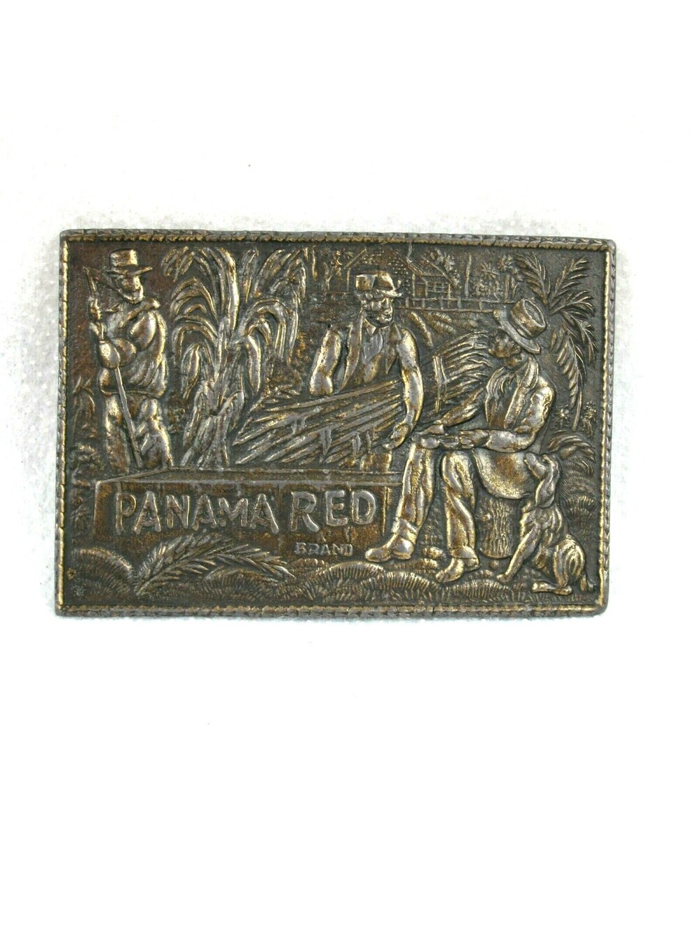 Vintage 1970s Panama Red Belt Buckle Metal Tobacco Advertising Western Harvest